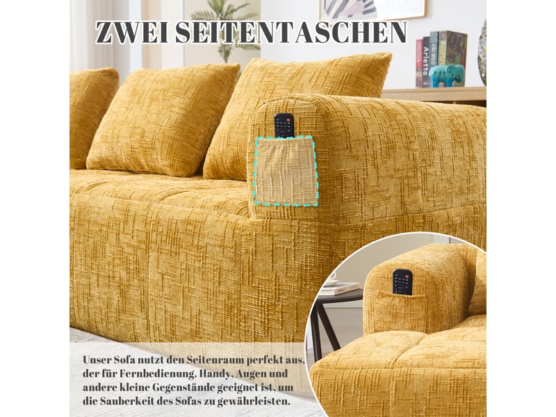  Canapé 3 places en chenille jaune avec méridienne, accoudoirs et 3 coussins, sans installation  - Conforama E
