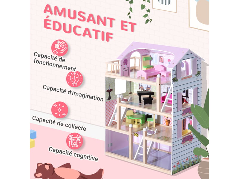  Maison de poupée en bois jeu d'imitation 4 étages pour 3+ ans avec 13 accessoires grand réalisme multi-équipement blanc et rose 60l x 30l x 80h cm  - Conforama E
