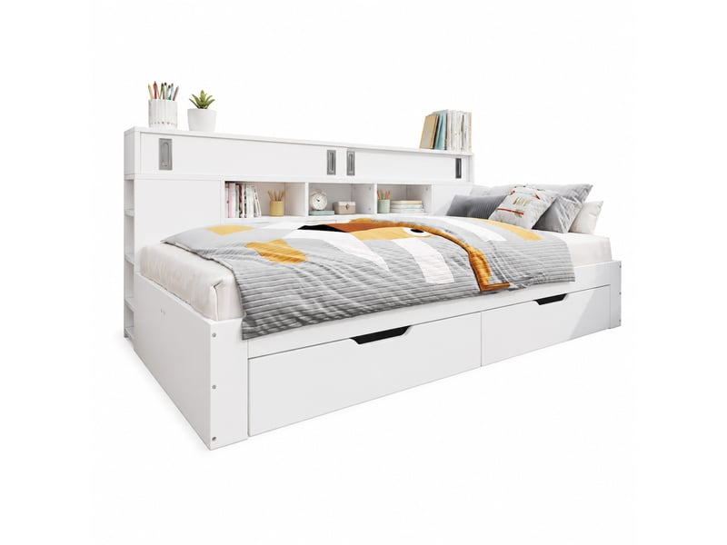  Lit banquette double 140×200 cm, 2 tiroirs, étagères et rangements  - sans matelas, mdf - blanc  - Conforama A