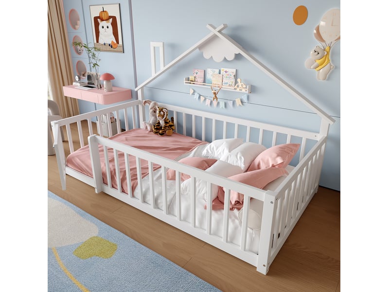  Lit cabane enfant tcqpz 90 x 190 cm avec barrière et verrou bois de pin mdf blanc  - Conforama B