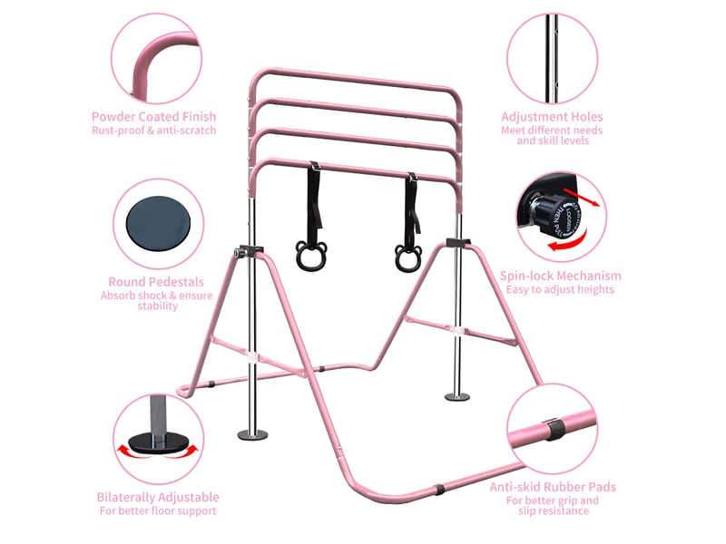  Barre de gymnastique enfant réglable 88,9 à 129,54 cm rose, pliable avec anneaux, pour un entraînement sûr  - Conforama E