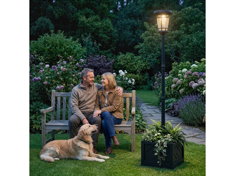  Lampadaire solaire pot fleurs, 195 cm, lanterne extérieure, 2 luminosités, interrupteur, ip44.  - Conforama C