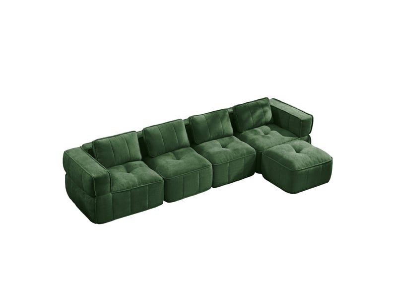 Canapé d'angle modulable sans cadre 4 places avec pouf en polyester vert - Conforama E