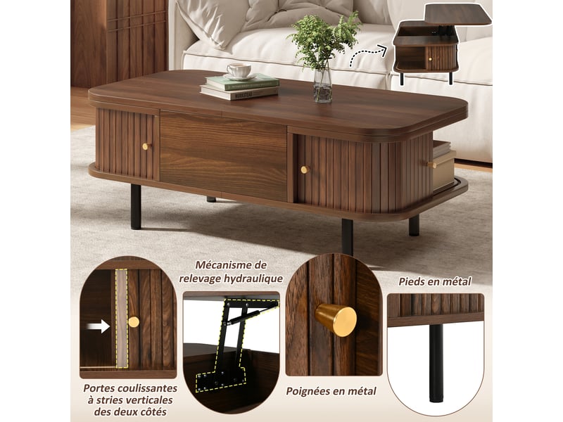  Table basse relevable 101x51x52,5 cm en mdf effet noyer, table basse 2 en 1 avec rangement, plateau réglable en hauteur, 2 portes coulissantes-marron  - Conforama E