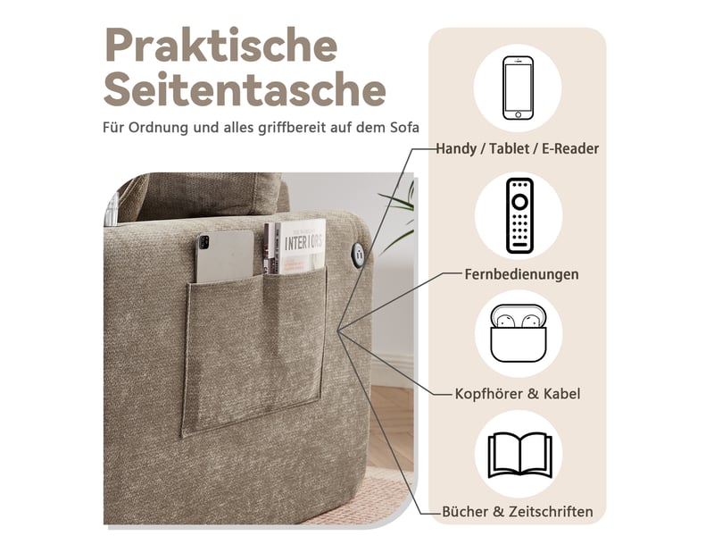 Canapé droit 2 places en tissu chenille marron avec rangement latéral et porte-gobelet pour salon moderne - Conforama E