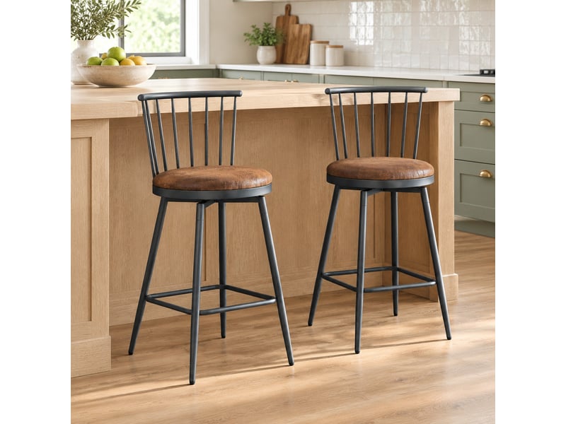  Tabouret de bar avec dossier windsor - lpospi - assise rembourrée, repose-pieds, structure métallique, tissu - marron  - Conforama B
