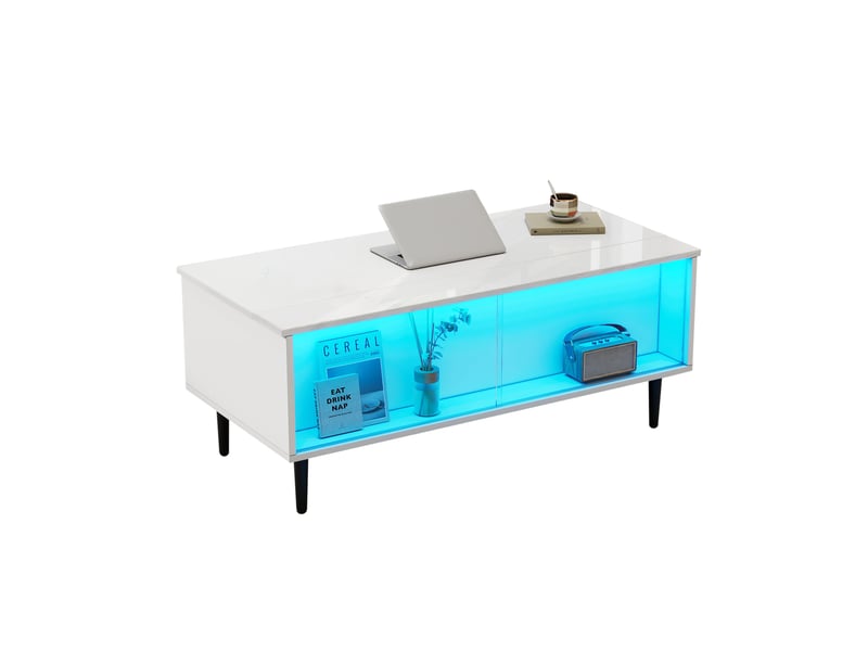  Table basse 105x50x43 cm relevable avec rangement et led panneau de particules blanche  - Conforama A