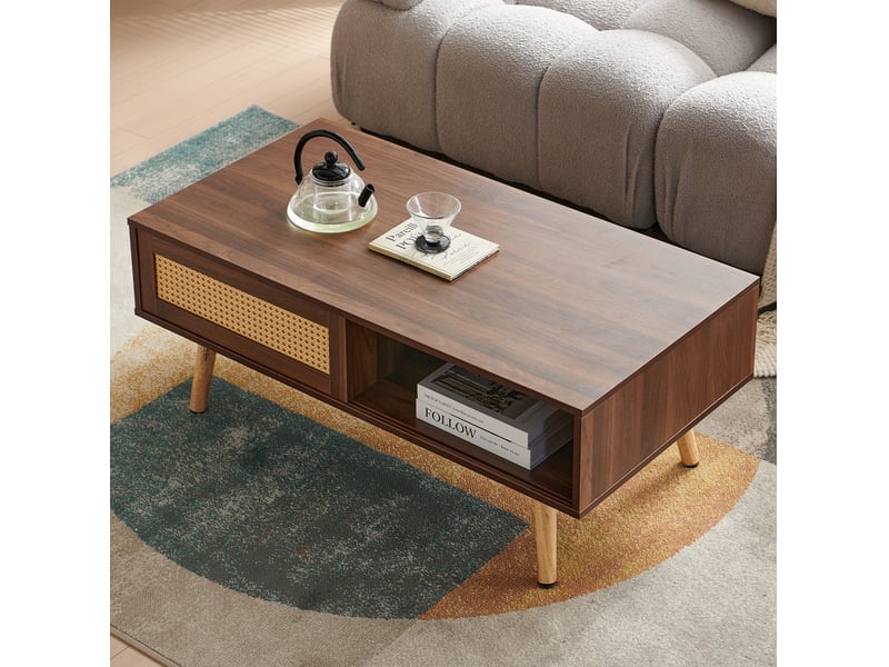  Table basse avec porte coulissante en rotin, 105 x 55 x 40 cm, marron, mdf  - Conforama D