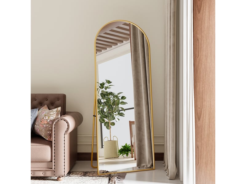  Miroir sur pied pleine longueur 165×60 cm, cadre aluminium doré brossé, arqué, chevalet amovible, fixable au mur  - Conforama D