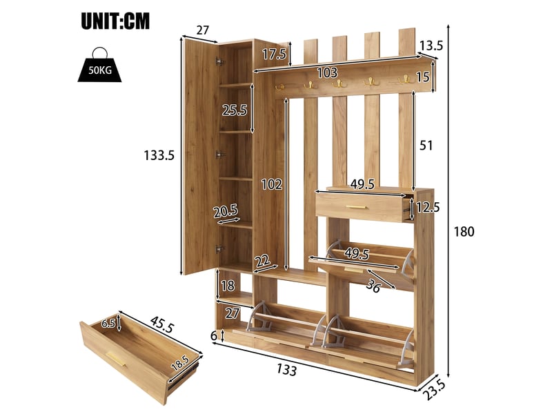 Vestiaire d’entrée avec miroir et rangement chaussures, naturel, 133 x 23,5 x 180 cm - Conforama C