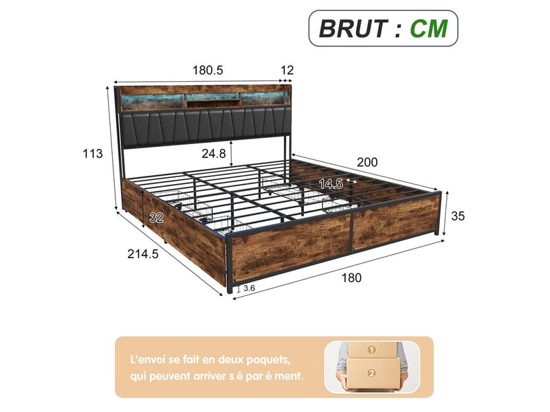 Lit 180x200cm - lit double 180x200cm - structure en métal avec 4 tiroirs, tête de lit à led et prises usb - noir et marron - Conforama E