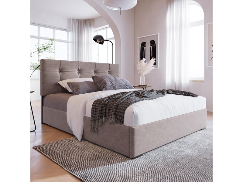  Lit coffre simple 90x200 cm en velours avec tête réglable, rangement hydraulique, sans matelas, gris clair  - Conforama C