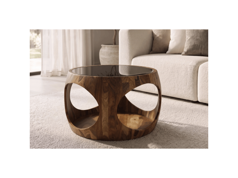  Table basse ronde nera 60 cm en bois de sheesham massif et verre fumé avec niche ouverte  - Conforama B