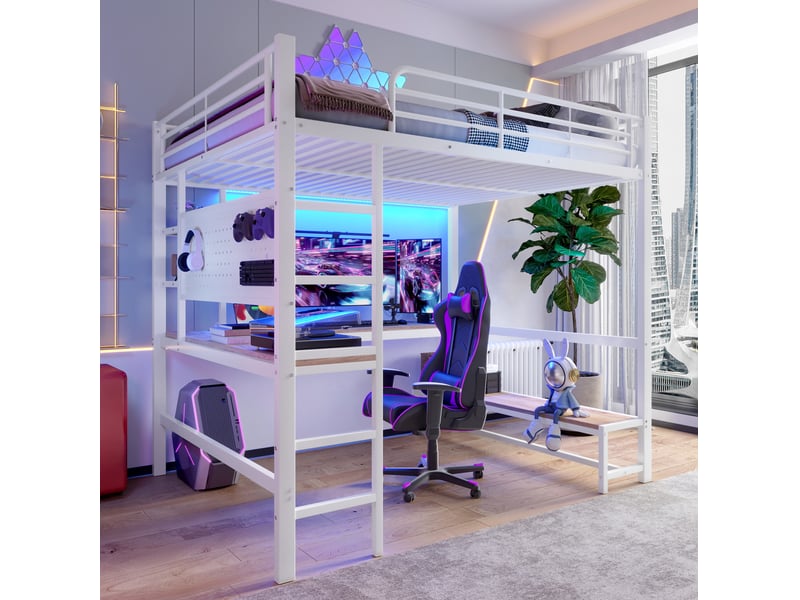  Lit mezzanine 140 x 200 cm avec bureau, étagères, led, prises usb et usb-c, blanc  - Conforama B