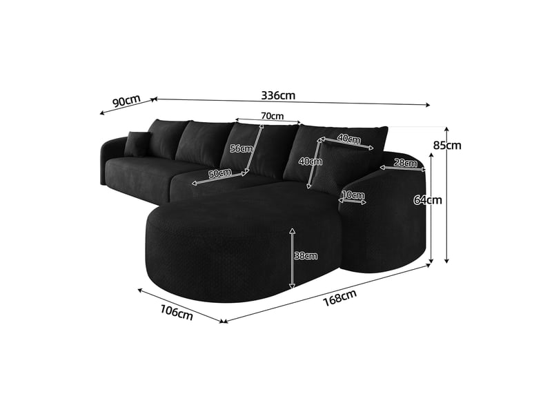 Canapé d’angle droit en l 5 places 336x168x85 cm, modulable sans structure en mousse compressée, sans montage, salon chambre, chenille, noir Sol Morn - Conforama C