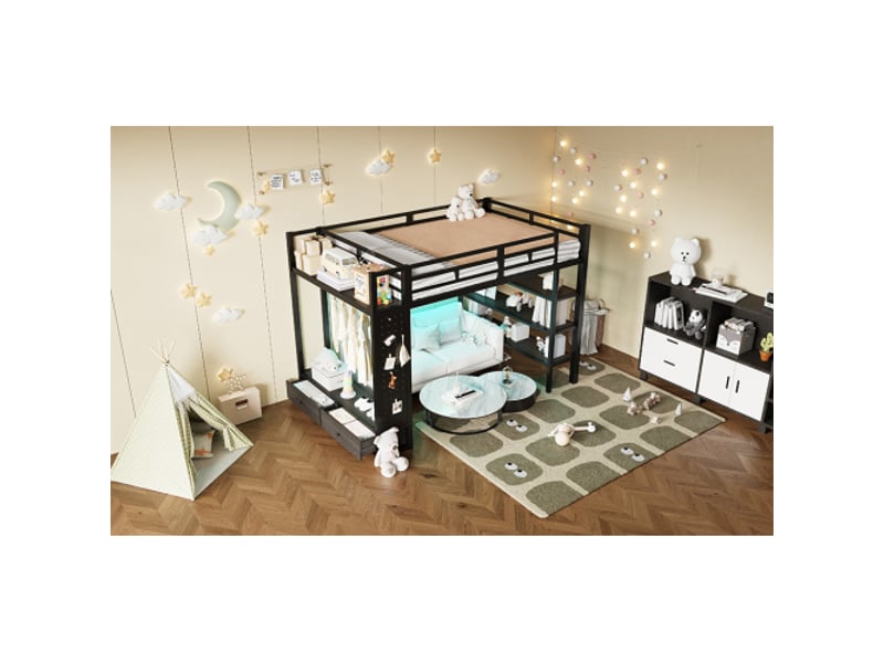 Cadre de lit superposé 140x200 avec armoire ouverte, rangements, panneau perforé et éclairage led, en métal noir. BUBBLY - Conforama D