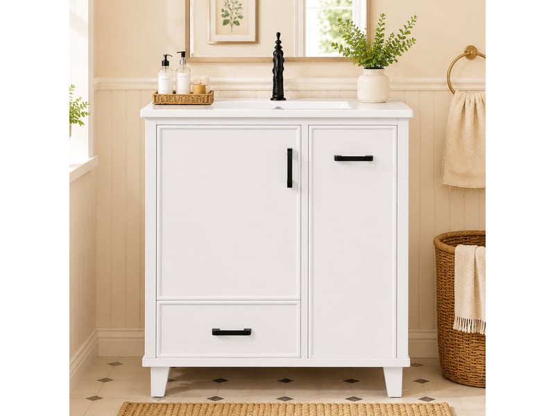 Meuble vasque salle de bain blanc 76,5 cm avec lavabo céramique intégré et tiroir latéral 2 niveaux - Conforama B