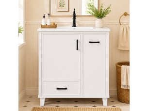 Meuble vasque salle de bain blanc 76,5 cm avec lavabo céramique intégré et tiroir latéral 2 niveaux