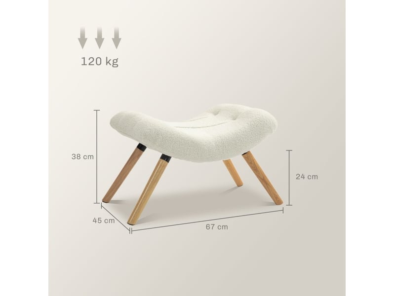  Pouf 67x45x38 cm avec assise en tissu bouclette, bois, blanc crème  - Conforama E