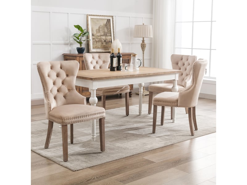  Chaise salle à manger knocker beige lot de 4, velours, clous, pieds bois massif  - Conforama B