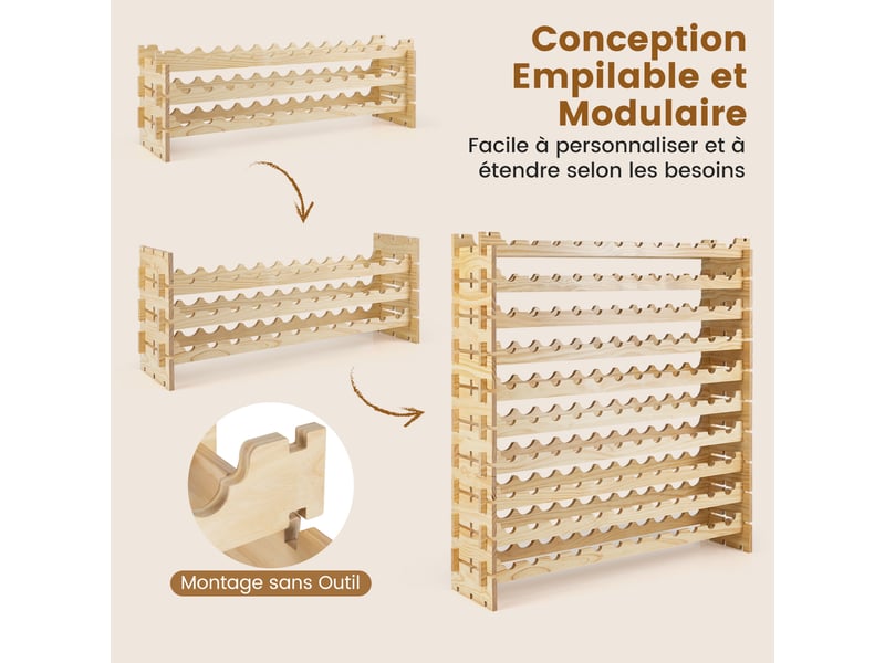 Range bouteille pour bouteilles, 120 x 29 x 128 cm, casier à bouteilles de vin avec étagères, porte bouteille en pin massif, grand espace superposable - Conforama D