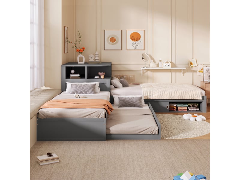  Lit gigogne simple 90×200 cm avec rangement et veilleuse - okmyhome- en mdf et pin gris, sans matelas  - Conforama C