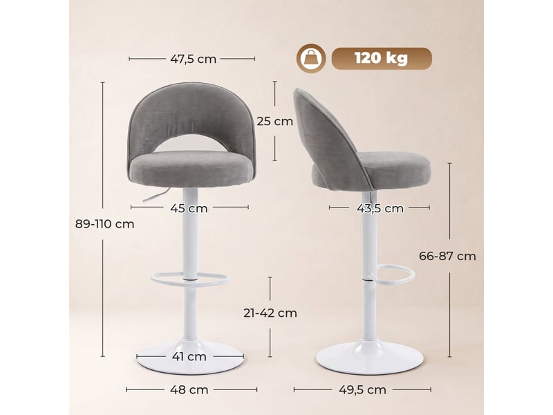  Lot de 2 tabourets de bar, chaises de bar réglables en hauteur, assise rembourrée en chenille, pivotant 360°, gris  - Conforama E
