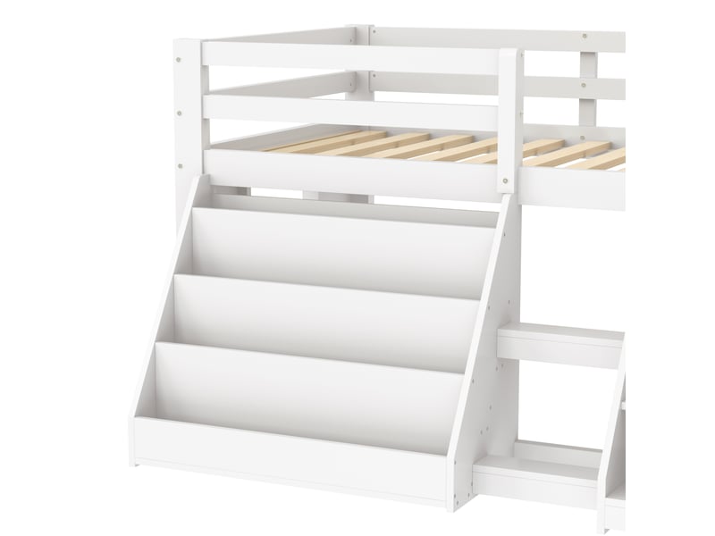 Lit mezzanine bas 90 × 200 cm, bois et mdf, led par application, rangements, échelle et barrières, sans matelas, blanc - Conforama E