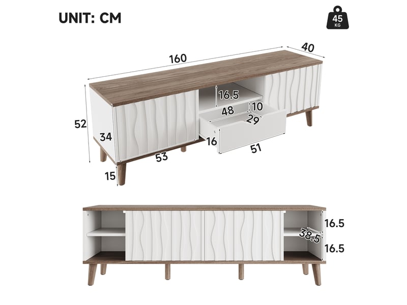  Meuble tv 160x40x52 cm avec led et portes coulissantes blanc et noyer foncé  - Conforama C