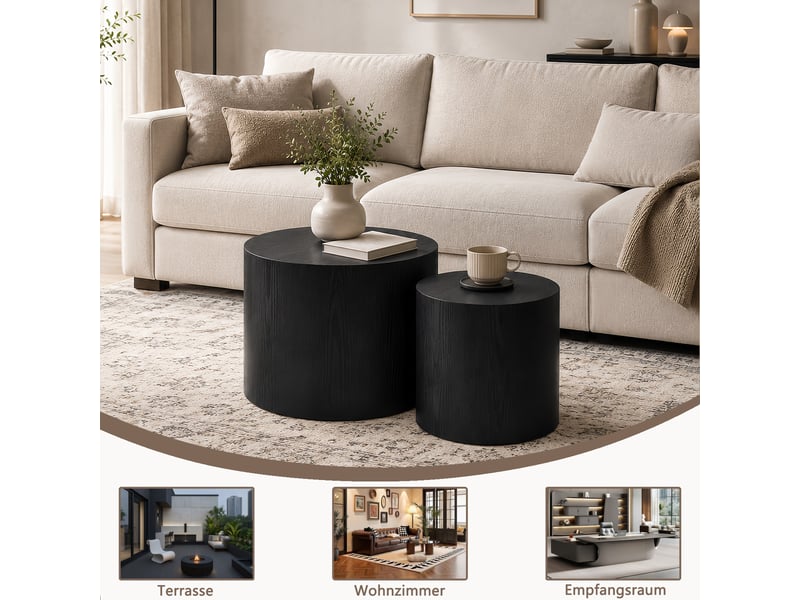 Table d'appoint - ensemble de deux tables d'appoint rondes et modernes, en bois, avec pieds antidérapants, pour salon, noir - Conforama R