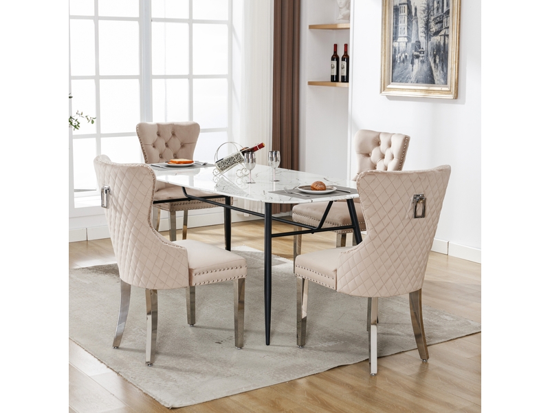  Chaise de salle à manger lot de 4 en velours avec dossier capitonné et pieds métalliques, beige  - Conforama B