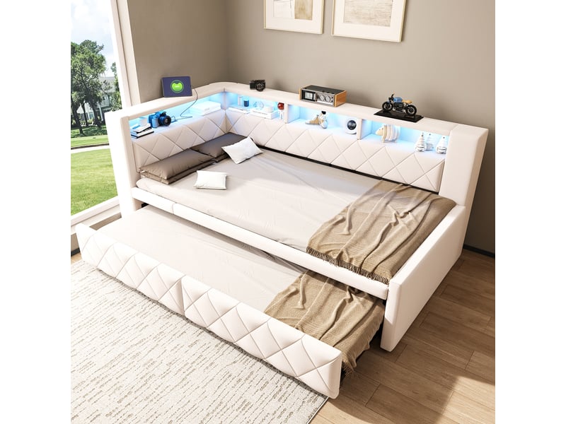 Canapé-lit 90 × 200 cm 180 × 200 cm – avec lit gigogne – éclairage led inclus – prise électrique incluse – revêtement en lin – beige (matelas non inclus) - Conforama E