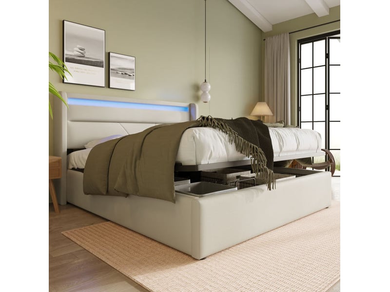  Lit coffre hydraulique 160 x 200 cm blanc en pu avec éclairage led  - Conforama C