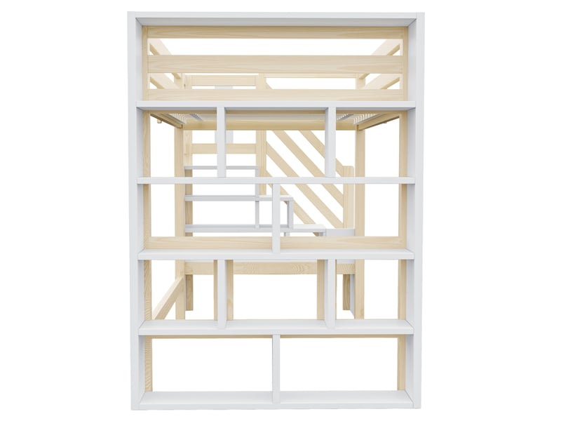 Lit mezzanine enfant 90x200 cm naturelblanc avec escalier rangement, étagères, garde-corps et led Fay Lum - Conforama E