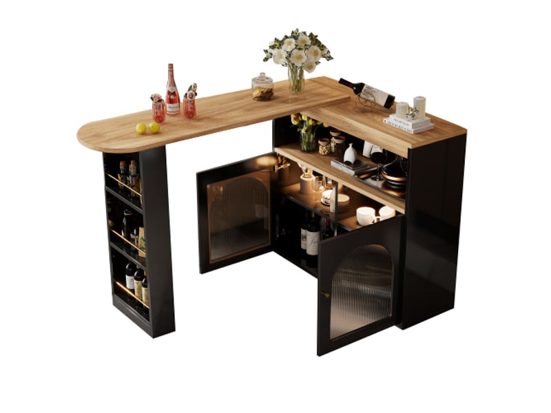 Table de bar extensible moderne 138-193x39x105cm, avec espace de rangement, bande lumineuse led, noir - Conforama A