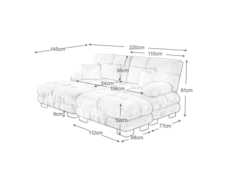  Canapé 2 places, avec 2 coussins lombaires et 2 oreillers, accoudoirs larges et 2 poufs, chenille, rose  - Conforama D