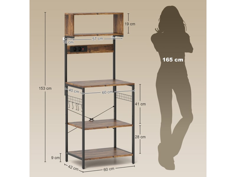  Étagère de cuisine avec prises 60x42x153cm, meuble micro-ondes industriel marron rustique (sans matelas).  - Conforama D