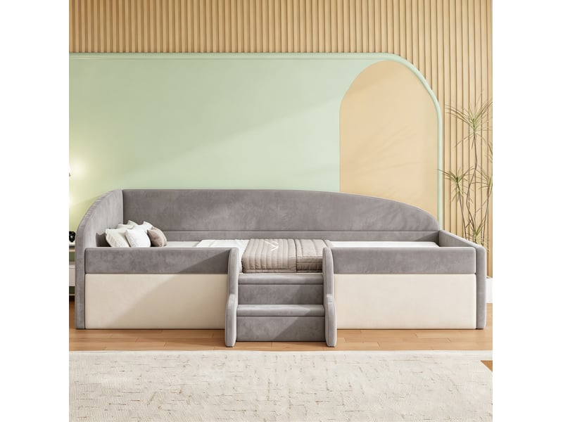  Lit enfant 90 × 190 cm 1 place avec barrières et marches antidérapantes, sans matelas, en velours gris  - Conforama C