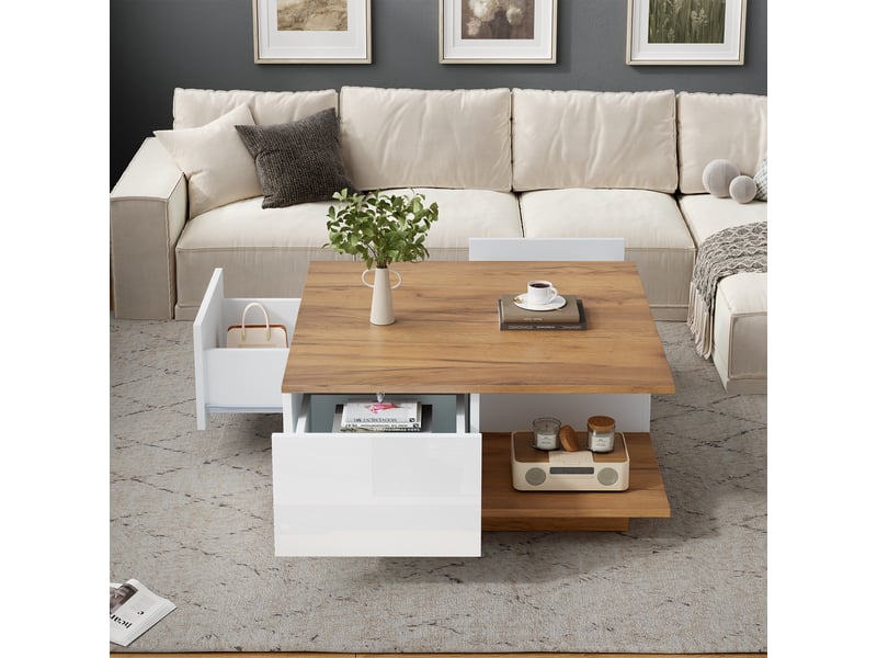  Table basse carrée 70x70 cm, table de salon avec 3 tiroirs et rangement semi-ouvert, design moderne en bois et blanc.  - Conforama C