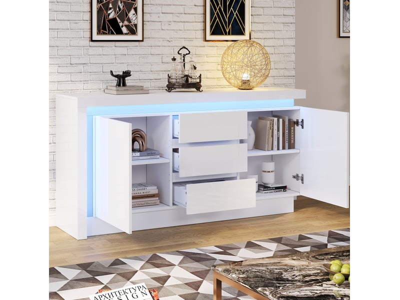  Buffet bas blanc 140 x 35 x 72 cm avec led, 2 portes, 3 tiroirs et étagères réglables  - Conforama B