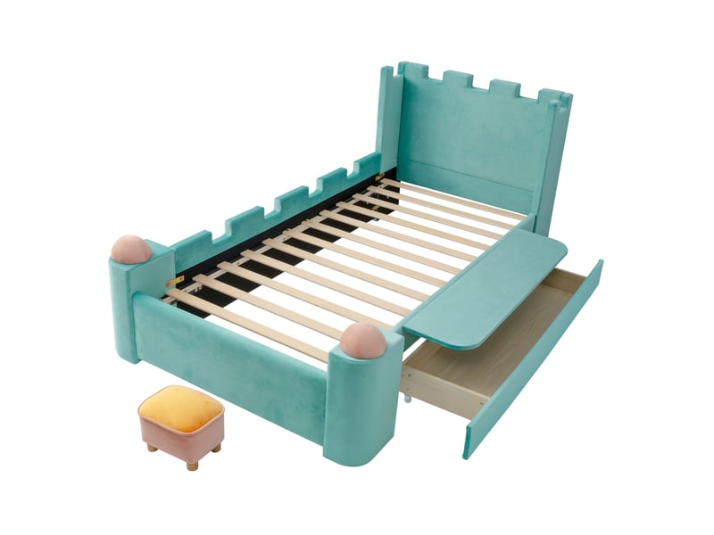  Lit enfant château 90x200 cm en velours bleu-vert avec tiroir et tablette pliante  - Conforama E
