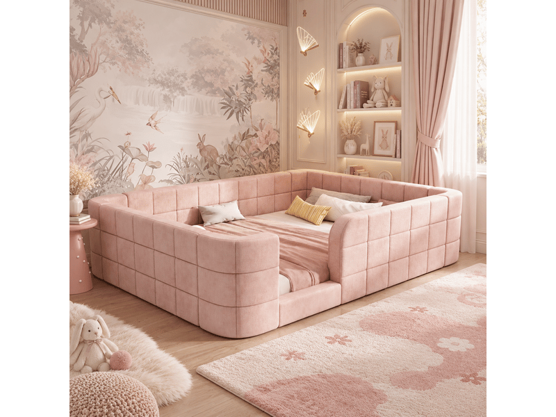Lit enfant rembourré au sol 140x200 cm, capitonné en chenille, avec contour rembourré et entrée, avec sommier à lattes inclus, sans matelas, rose Luxe haut de gamme - Conforama W