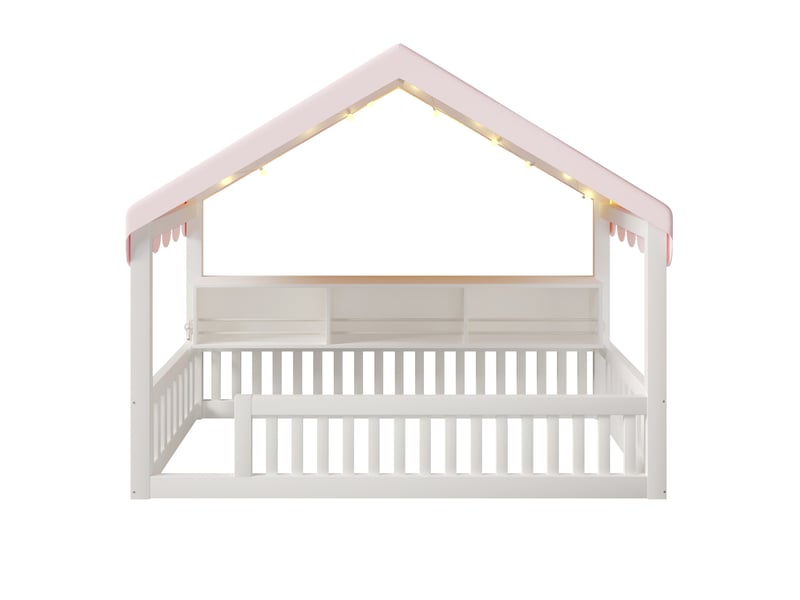 Lit cabane enfant 90x200 cm avec led, bibliothèque et barrières, blanc, sans sommier à lattes ni matelas - Conforama E