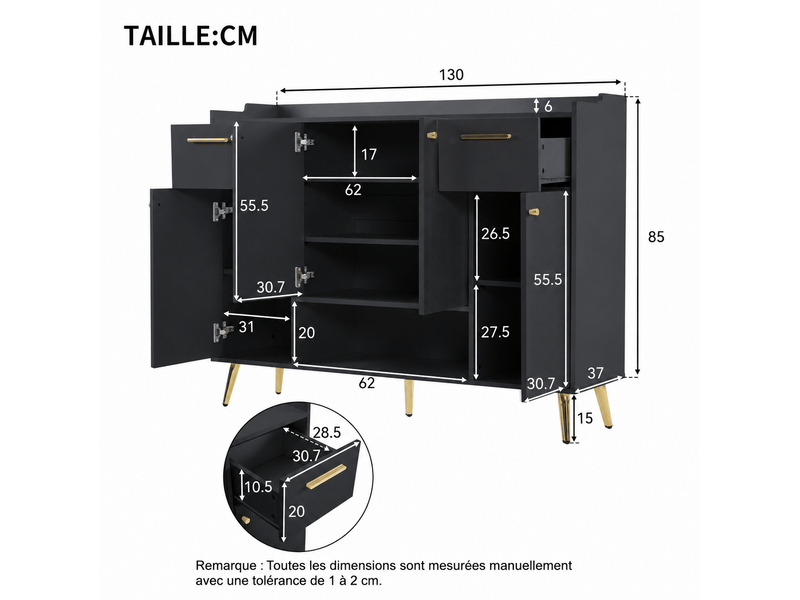  Meuble à chaussures noir – 2 tiroirs, 4 portes et niche – 130 x 37 x 100 cm  - Conforama D