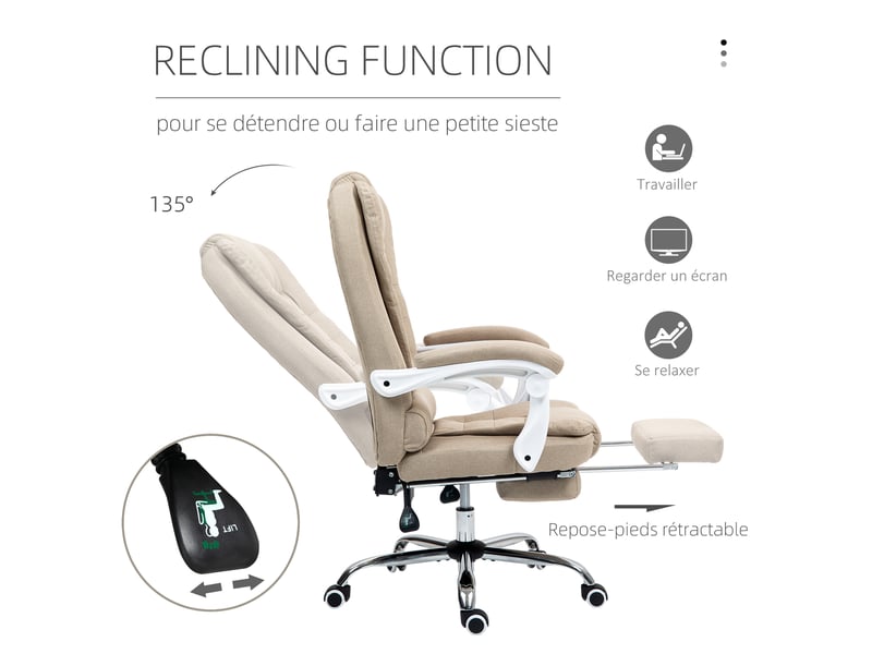  Fauteuil bureau manager chaise ordinateur repose-pied dossier inclinable accoudoirs rembourrés lin beige  - Conforama D
