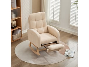 Fauteuil à bascule relax en tissu bouclé avec repose-pieds, fauteuil de salon à dossier haut, structure en bois massif et poche latérale - beige