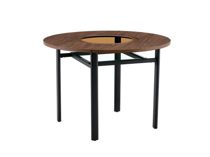  Table à manger ronde ø100 cm – marron et noir – plateau mdf avec verre de sécurité et étagère basse  - Conforama A