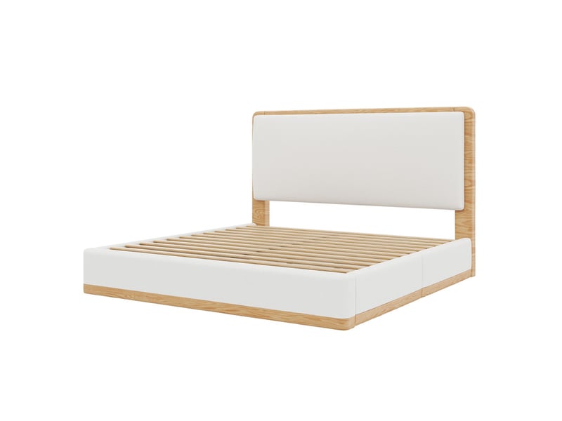  Lit double rembourré 140x200 - lit adulte avec tête de lit rembourrée - mdf+pu - tissu teddy - blanc+naturel (sans matelas)  - Conforama W