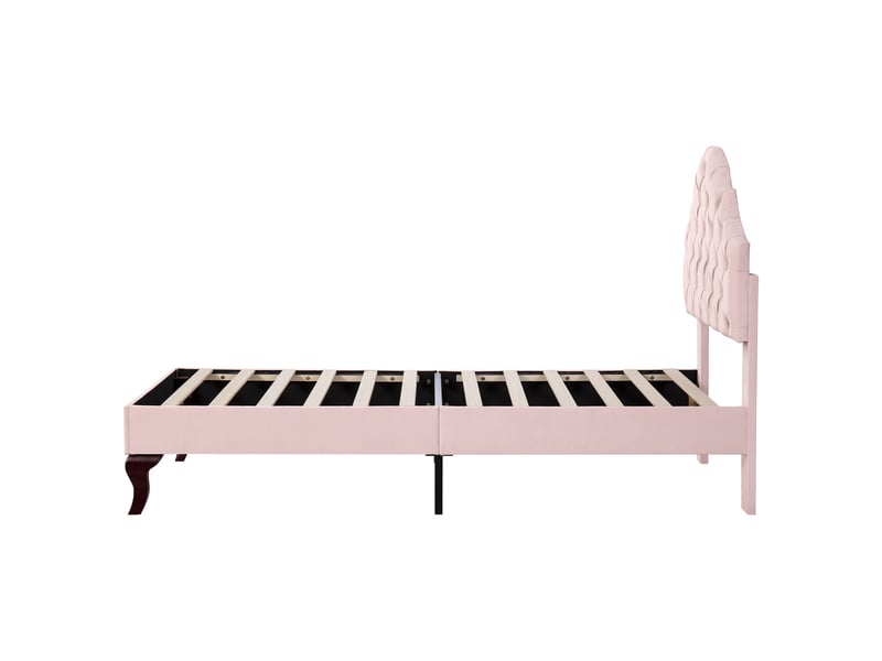 Lit rembourré 90 x 200 cm avec sommier à lattes et tête de lit réglable en hauteur, lit enfant, lit simple, sommier à lattes en bois, montage facile, velours, rose  - Conforama E