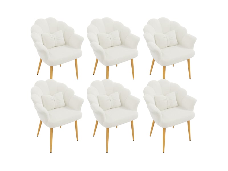  Chaise de salle à manger lot de 6 avec dossier en pétales, accoudoirs et coussins, pieds en métal doré, bouclé blanc  - Conforama A